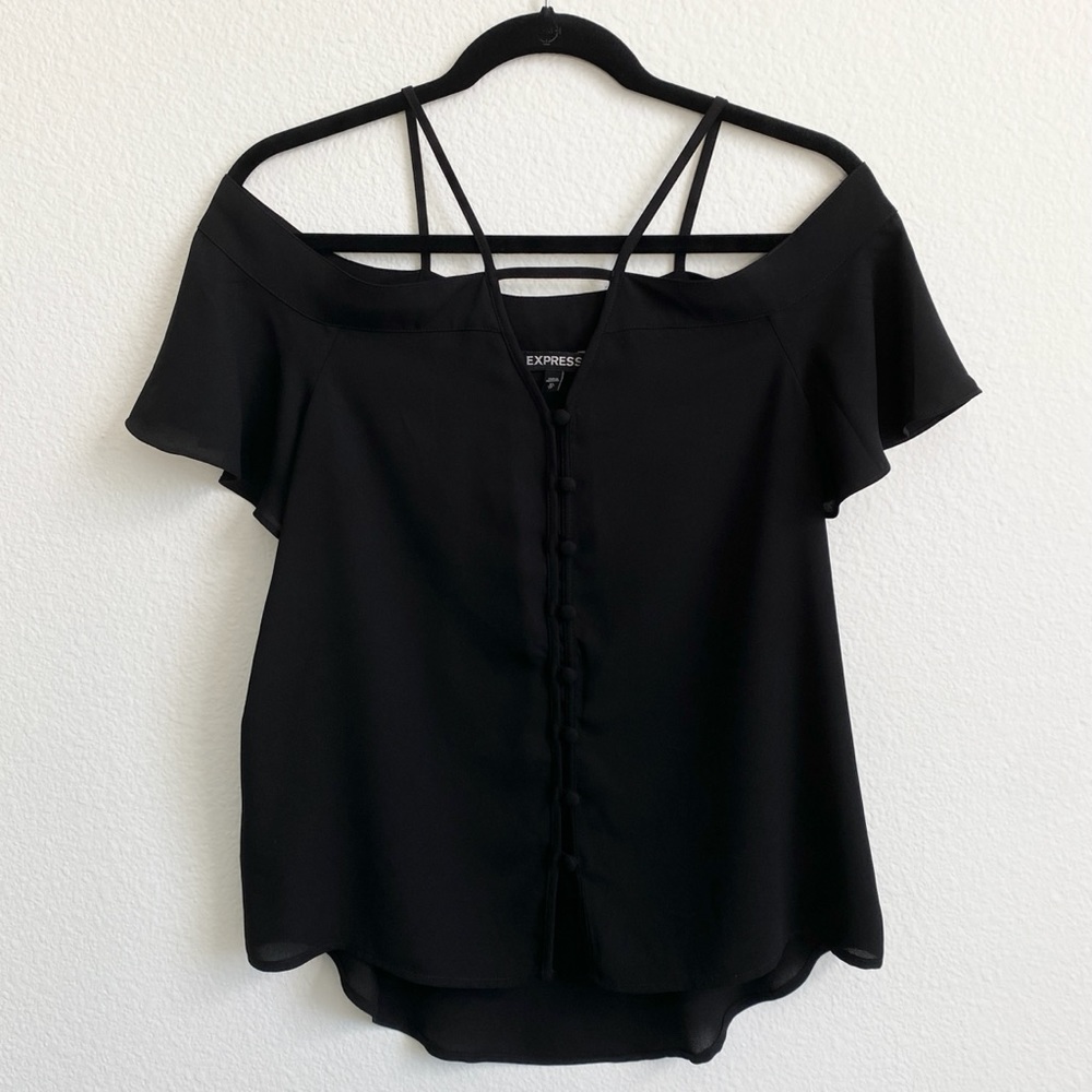 Express Women’s Black Cold Shoulder Button-Front Short Sleeve Top